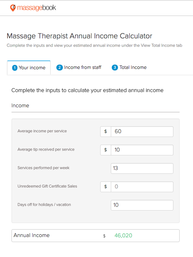 Massage Therapist Income Calculator - Tab #1
