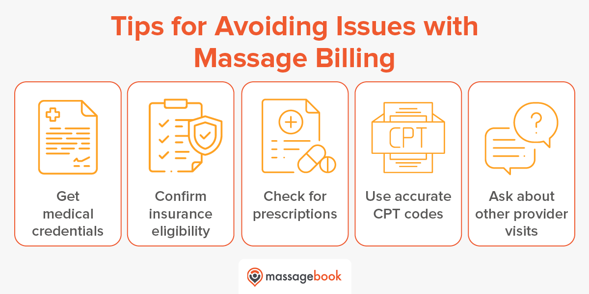 This image lists some tips for avoiding massage billing delays and denials, covered in the text below.