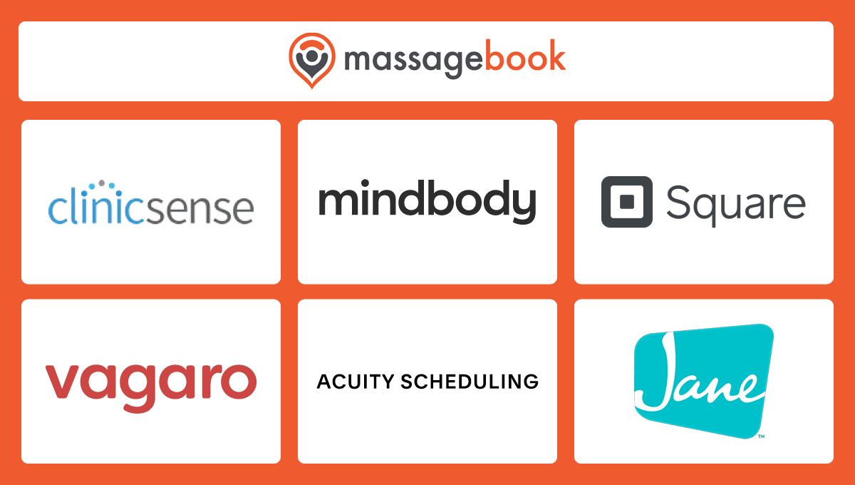 This image shows the logos of the seven best massage therapy software solutions, covered in more detail in the text below.