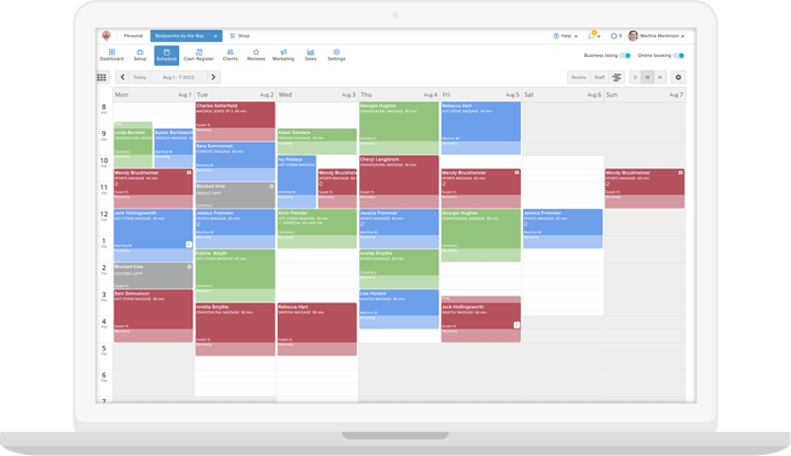 MassageBook desktop view of the schedule